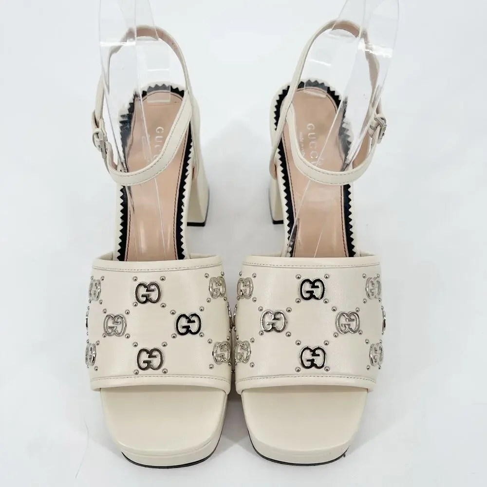 Gucci Mystic White Janaya Interlocking GG Studs Ankle Strap Sandals EU 38.5